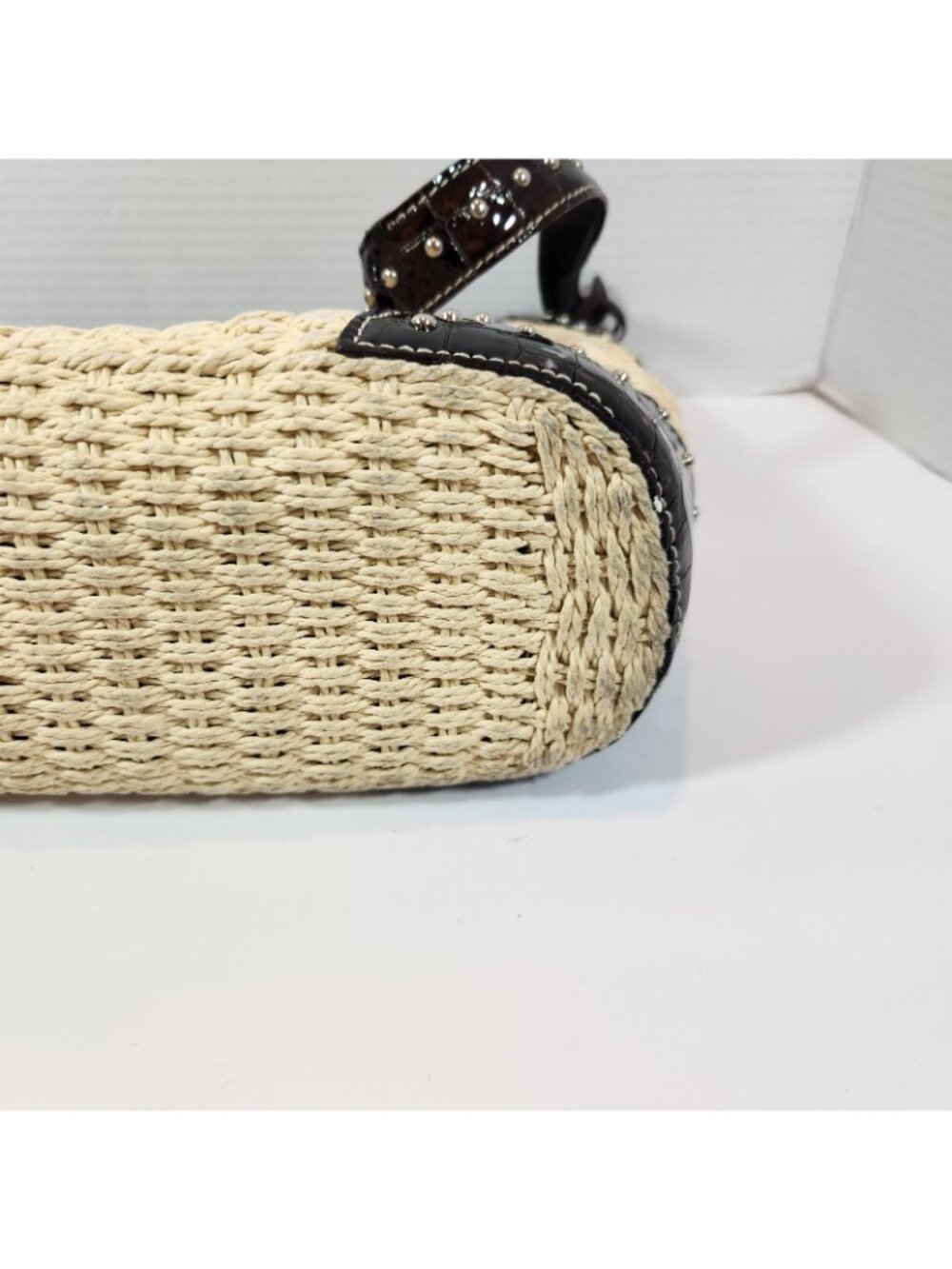 Brighton Woven Tan Straw Studded Brown Leather Handbag Purse Bag DEFECT STRAP - Picture 8 of 16